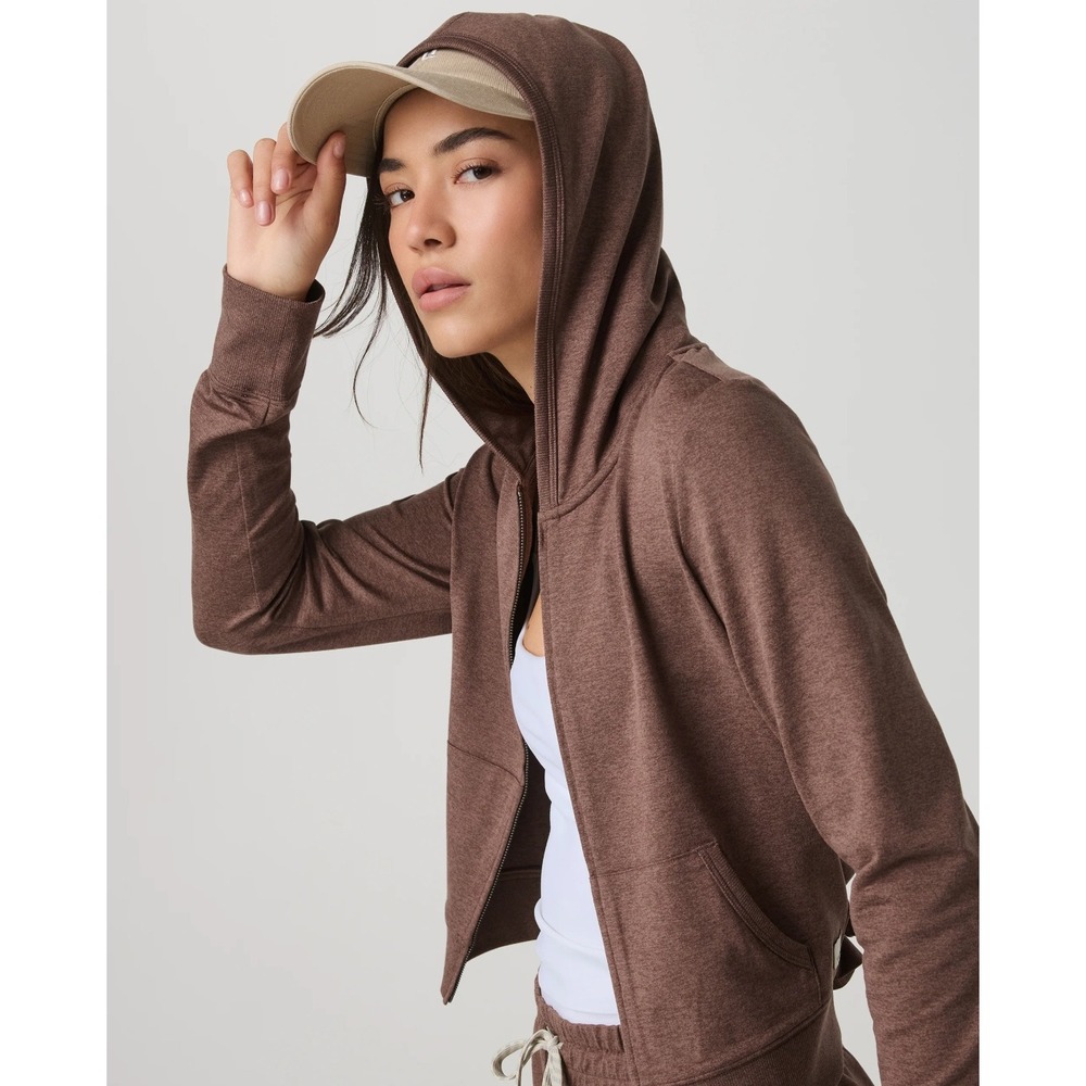 Vuori Halo Mini Full Zip Hoodie Sable Heather Brown Cropped Sweatshirt Womens - Picture 7 of 15